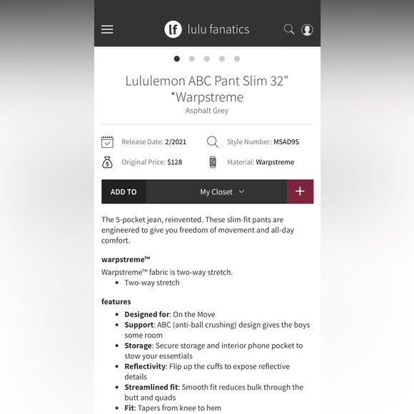 Lululemon ABC Warpstreme Slim Fit Pants - 30x27.5 - Picture 8 of 8